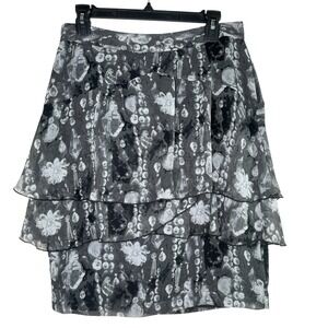 Worthington Skirt Womens 8 Black Gray Tiered Ruffle Floral Chiffon Lined Elegant